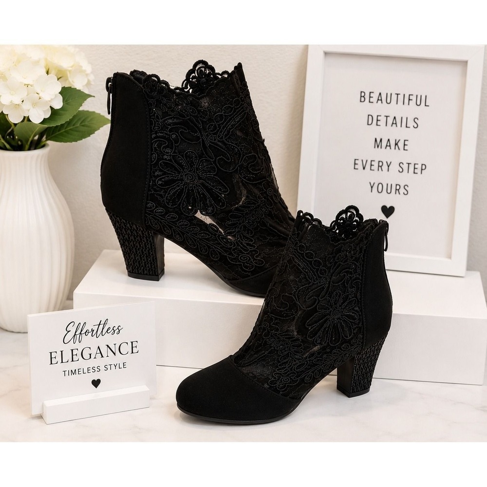 Black Floral Lace Mesh Ankle Boots Textured Block Heel Rear Zip Booties Size 41